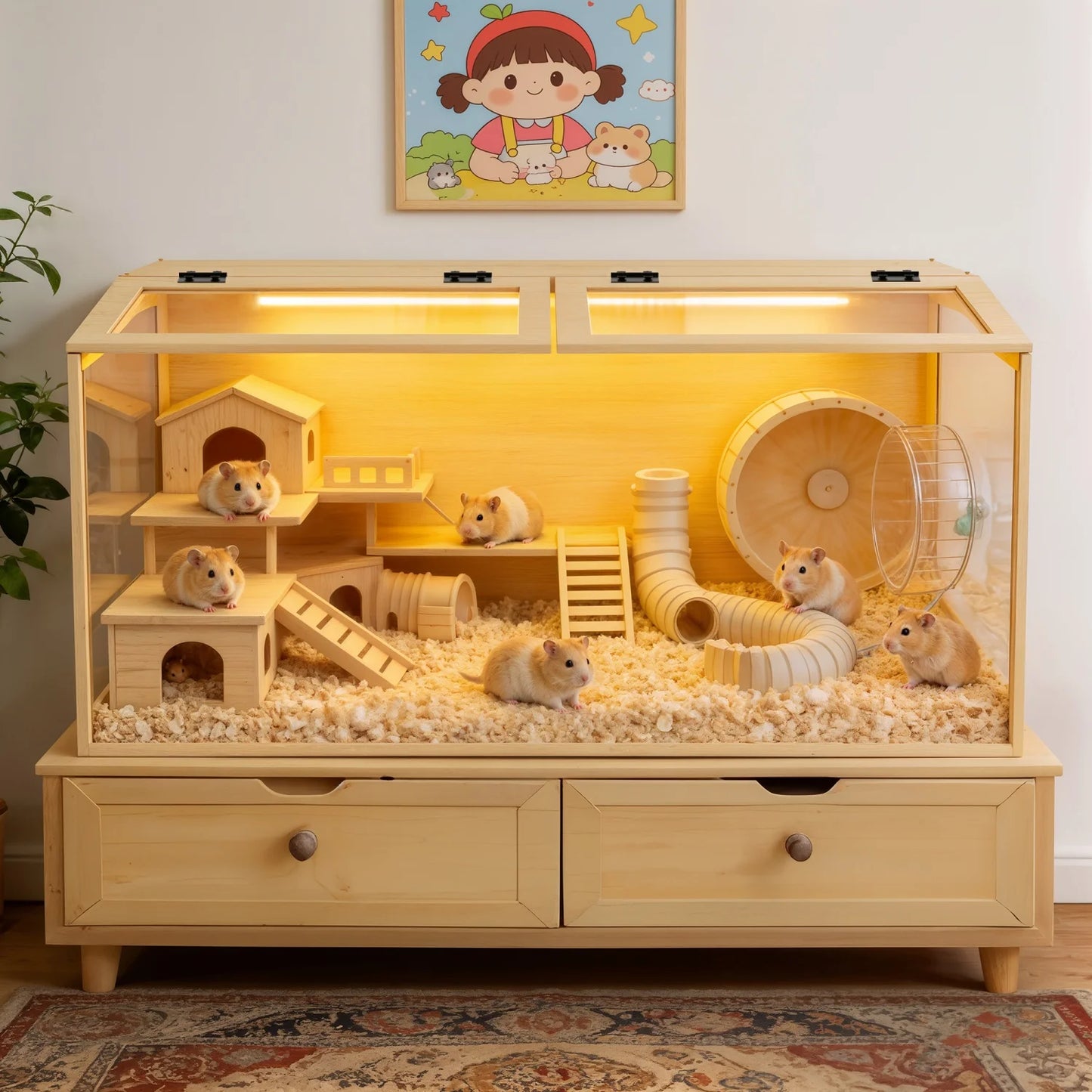 Natural Wooden Hamster Cage With Dual Door And Interior Light