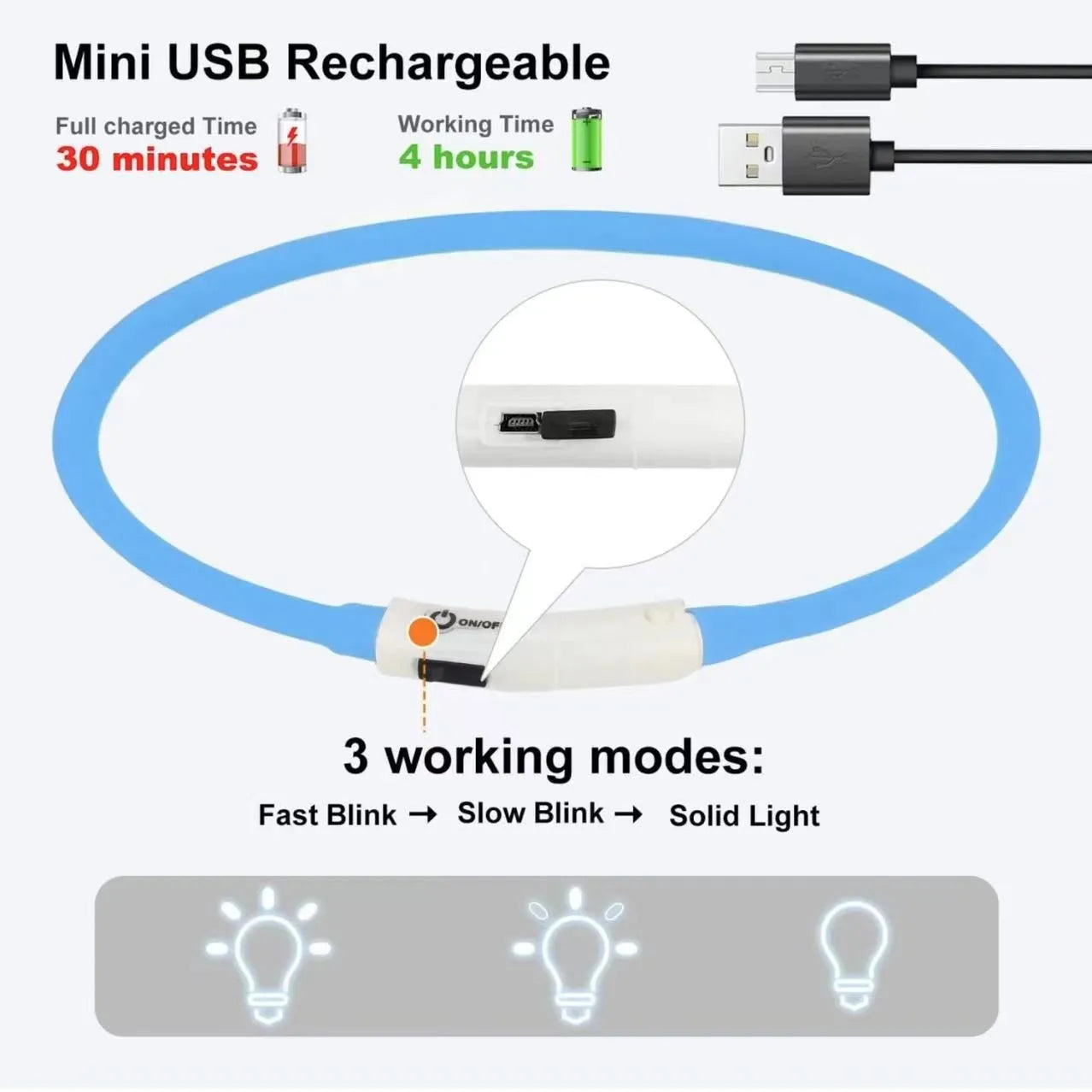 Silicone LED Dog Collar Rechargeable 3 Modes Night Safety Glow