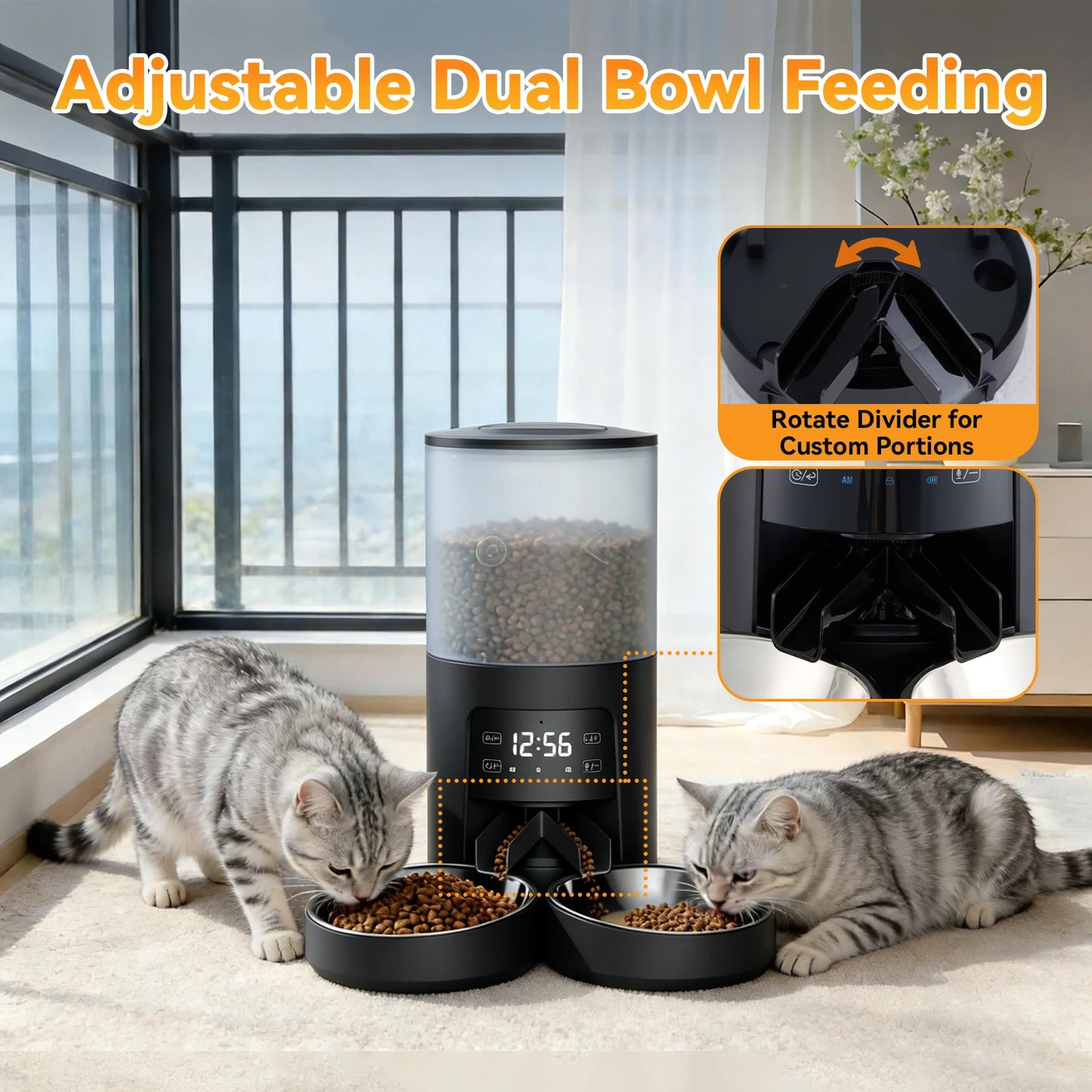 Automatic Cat Feeder With Stainless Bowls And Digital Timer
