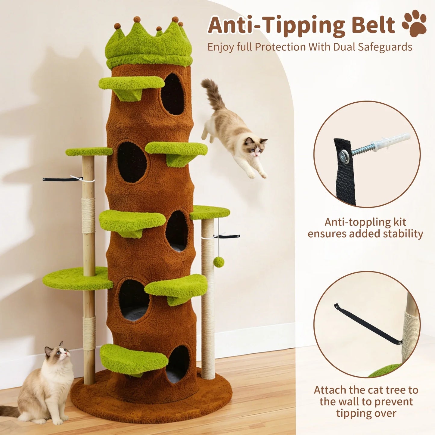 Wooden Cat Tree Tower With Crown Perch And Plush Steps
