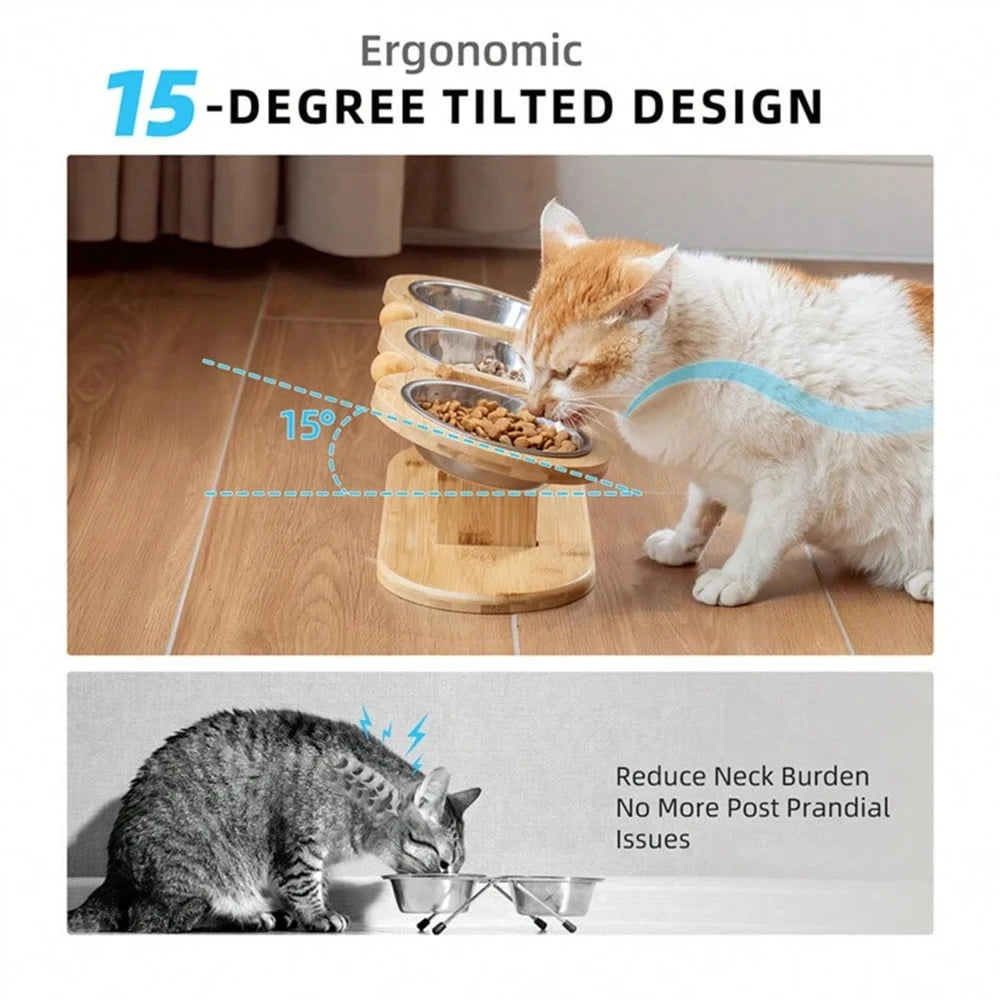 Elevated Cat Feeder With 3 Stainless Steel Bowls Wood Stand