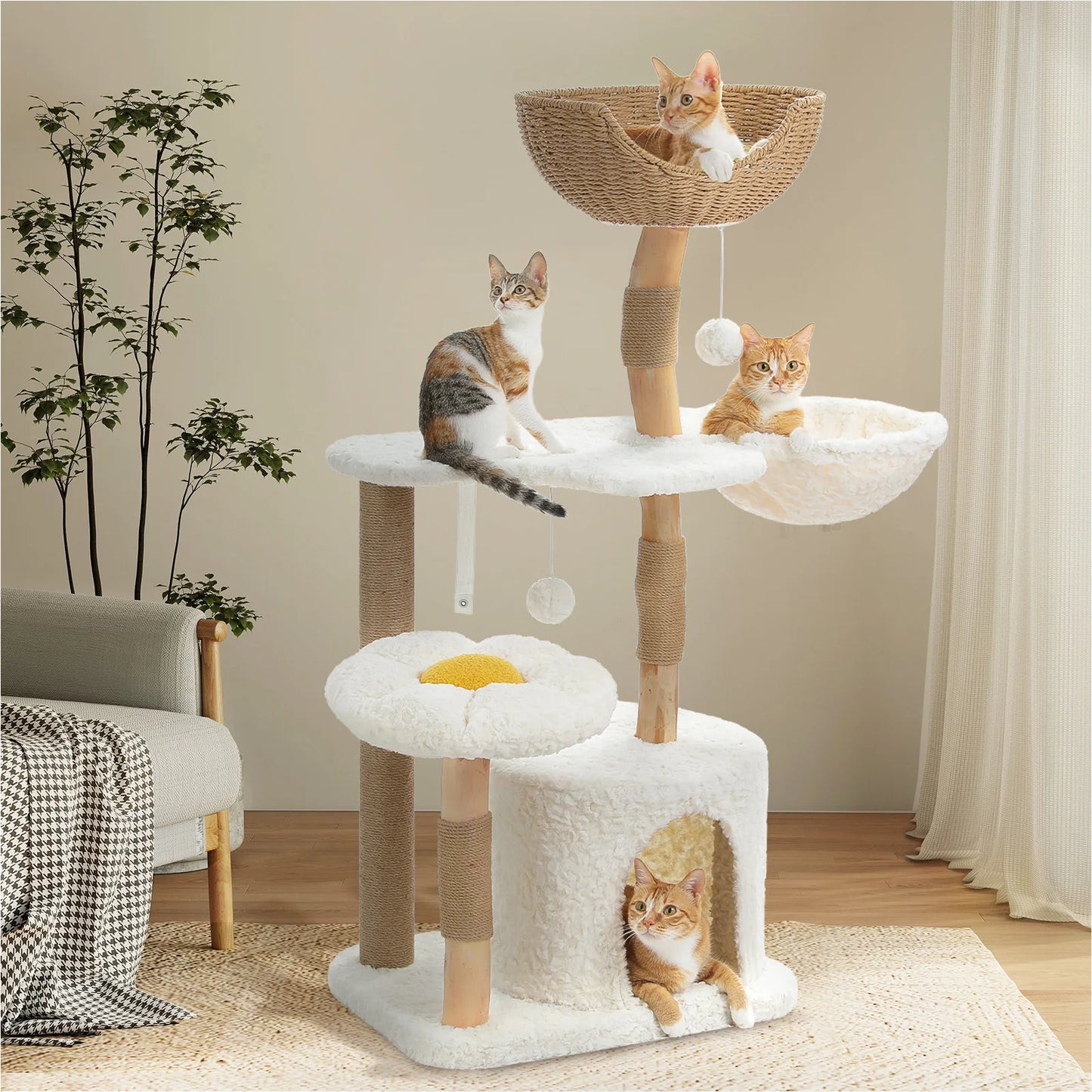 PEQULTI CN Solid Wood Cat Tree Tower With Spacious Condo