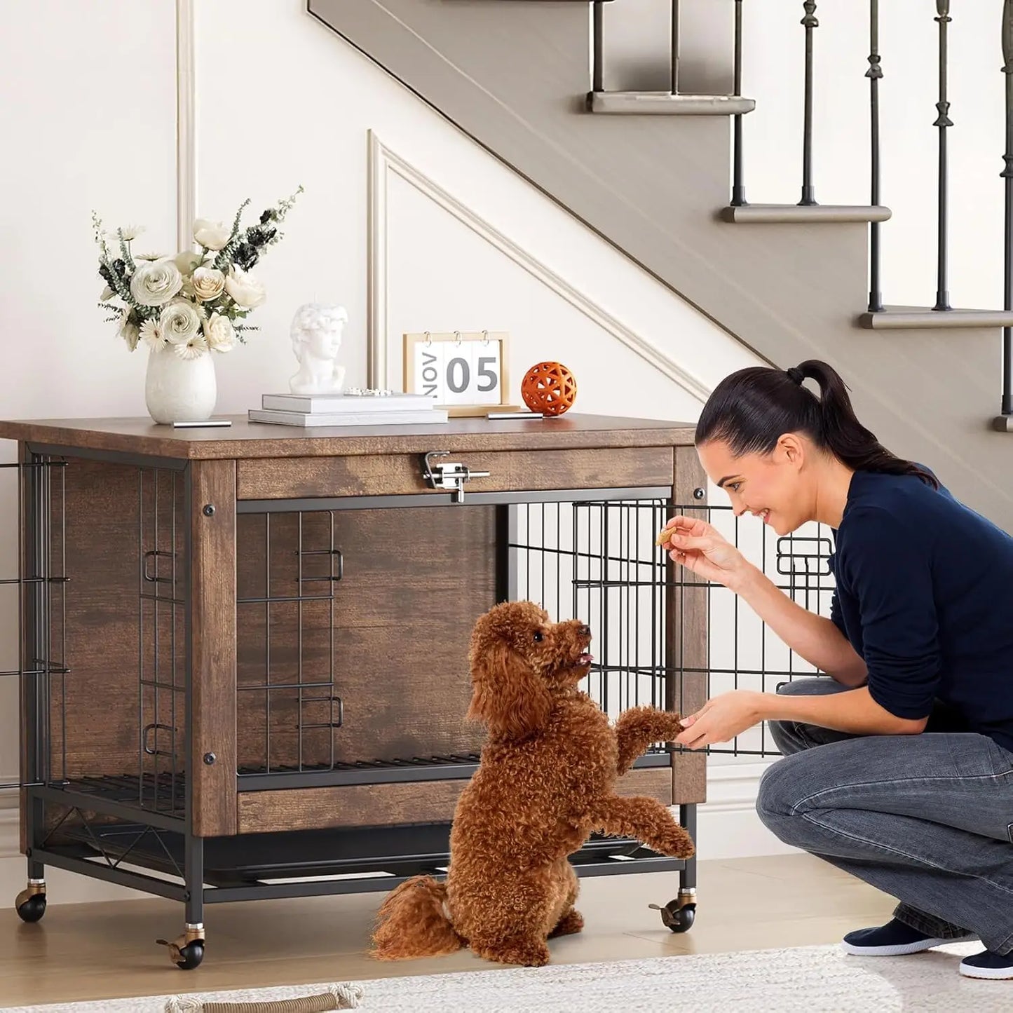 HiMISS Rustic Wood Metal Dog Crate End Table With Wheels