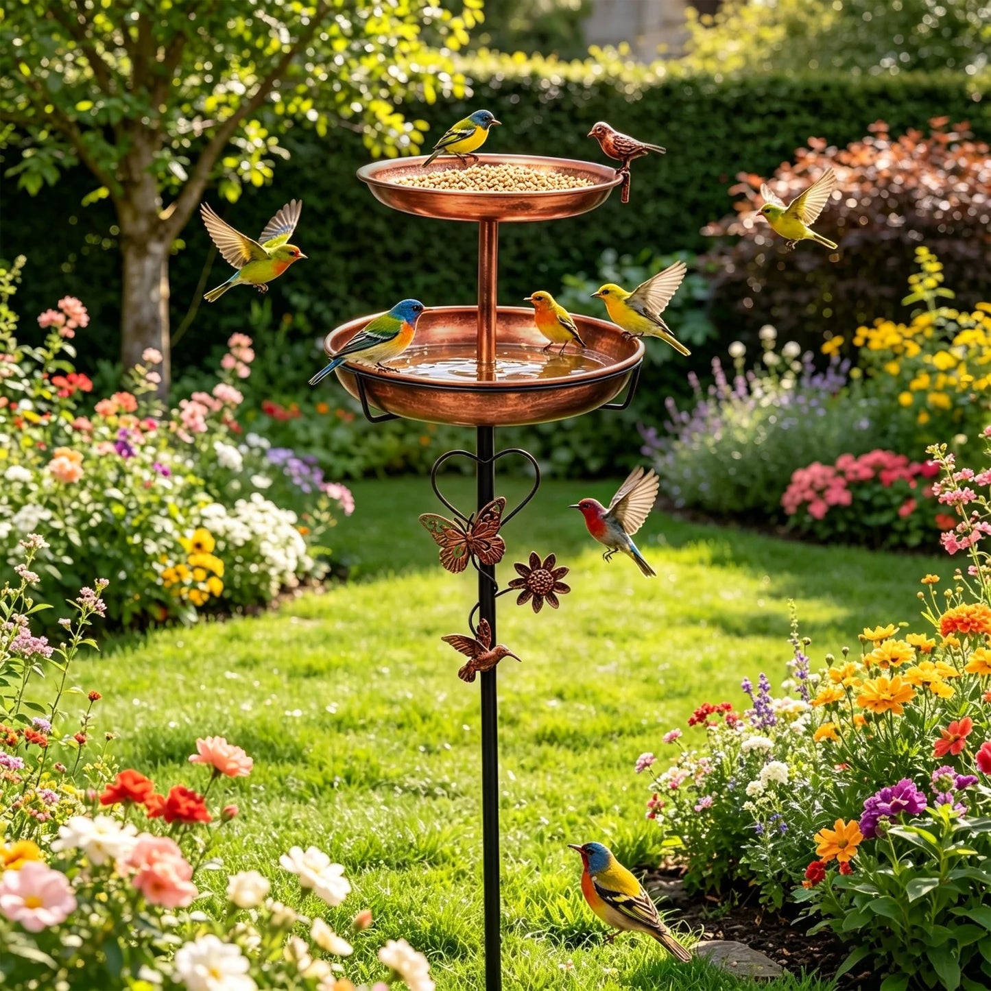 Copper Double Layer Bird Bath Stand For Outdoor Garden Decor