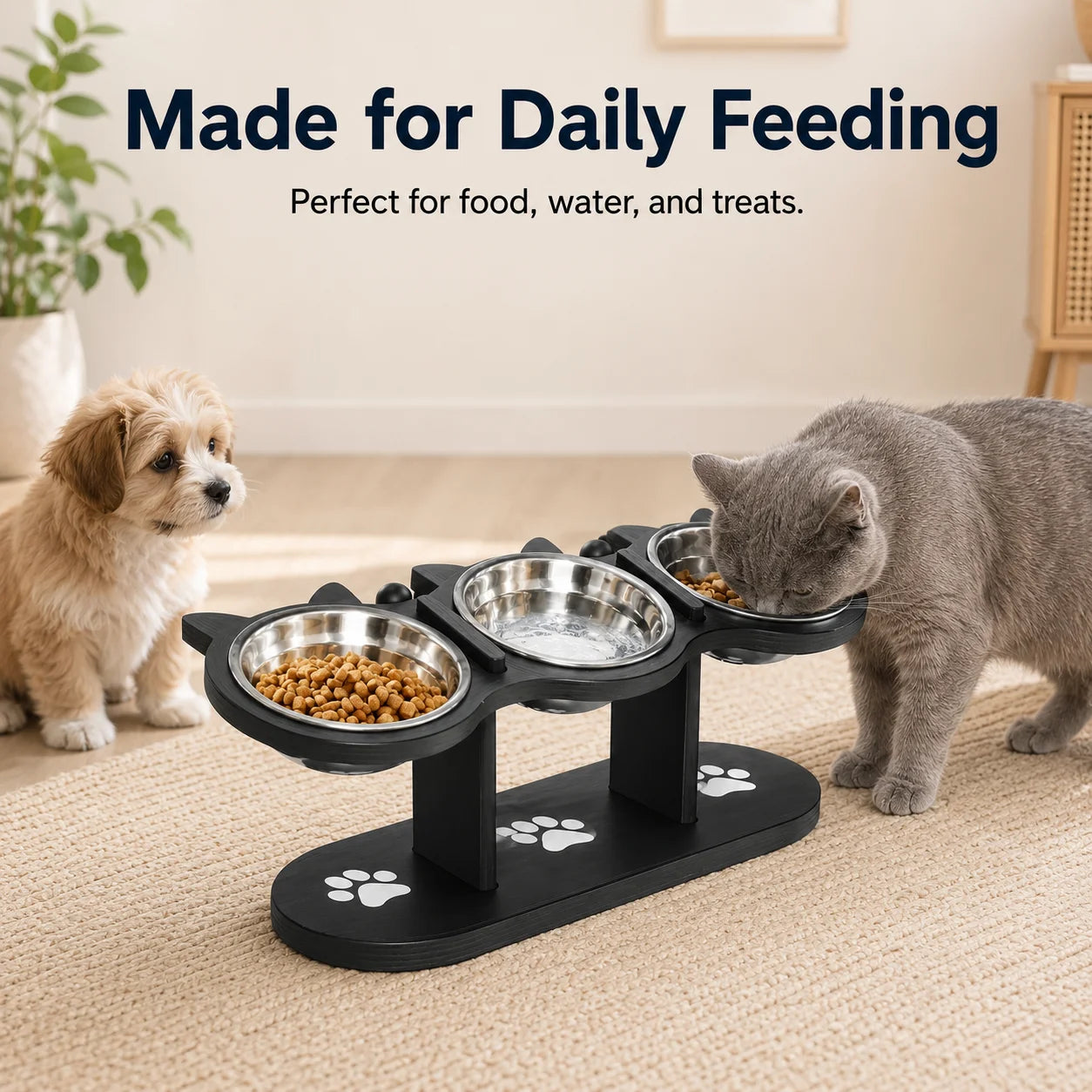 Tilted Elevated Cat Bowl Stand With Three Stainless Steel Bowls