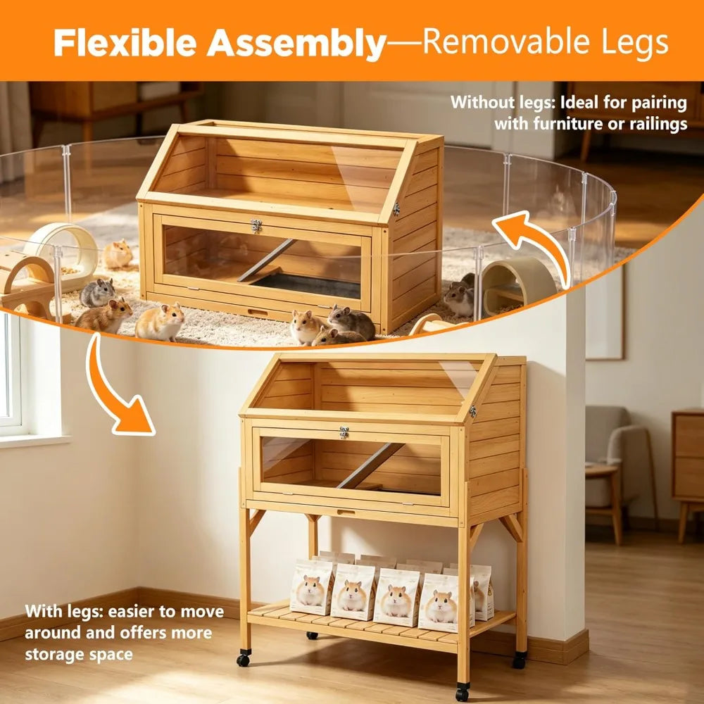 2 Story Wooden Hamster Cage On Wheels With Leakproof Tray