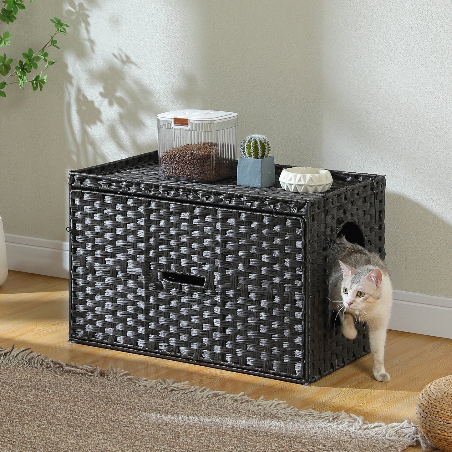 PEQULTI Rattan Cat Litter Box Enclosure With Flip-Up Door