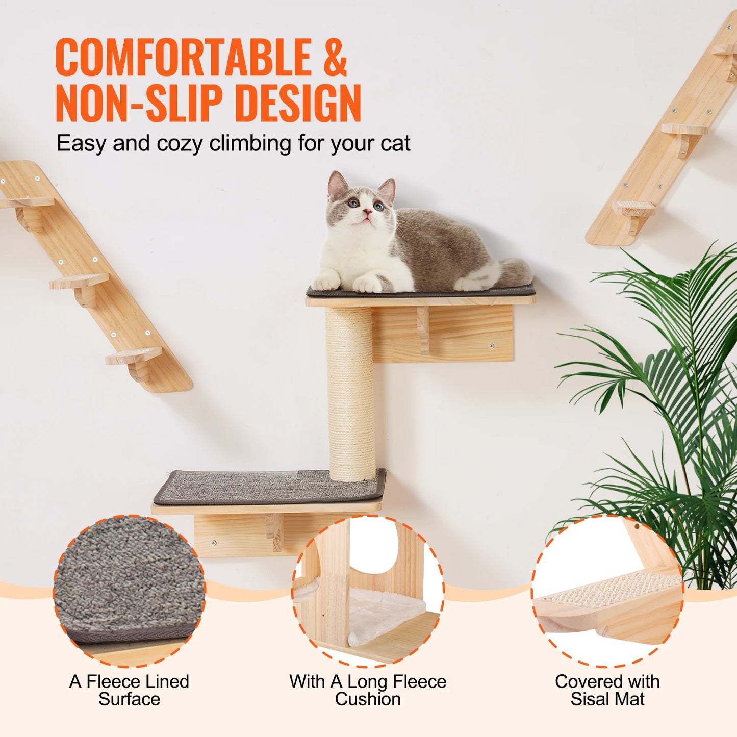SucceBuy Wall Mounted Pine Wood Cat Tree With Hammock