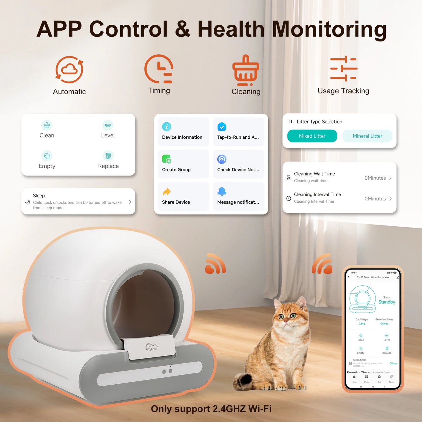 DOEL Self-Cleaning Cat Litter Box App Control 2 4G WiFi