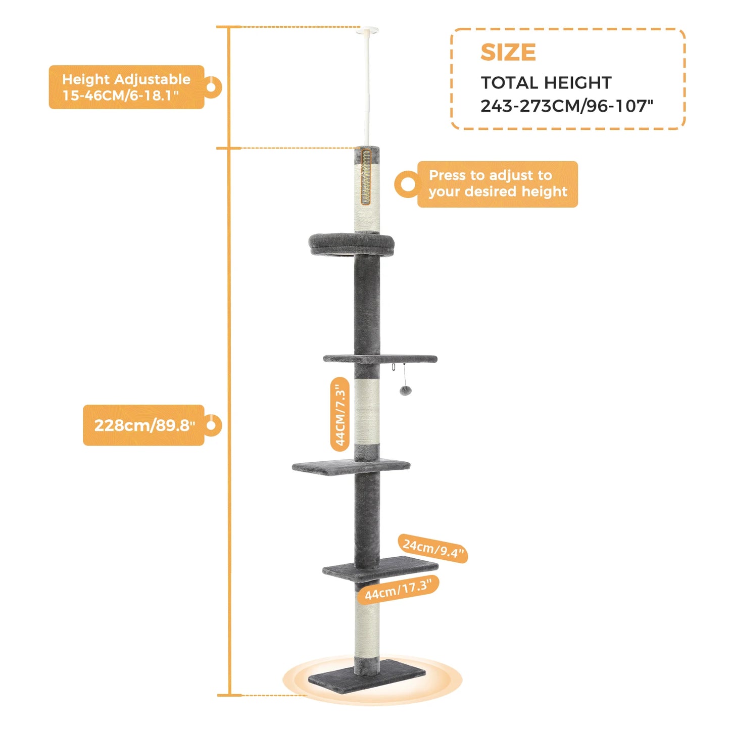 Pequlti Adjustable Height Cat Tree Indoor Tower With Scratching Posts