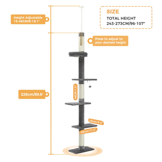 Pequlti Adjustable Height Cat Tree Indoor Tower With Scratching Posts