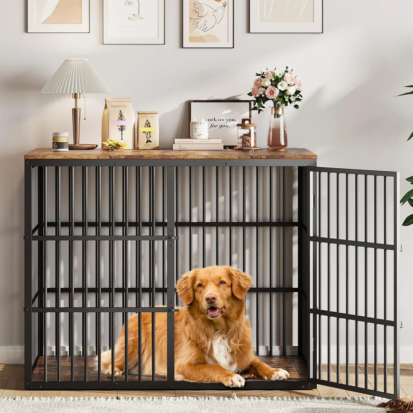 HiMISS 3-In-1 Dog Crate Furniture Kennel With Lockable Doors Heavy Duty