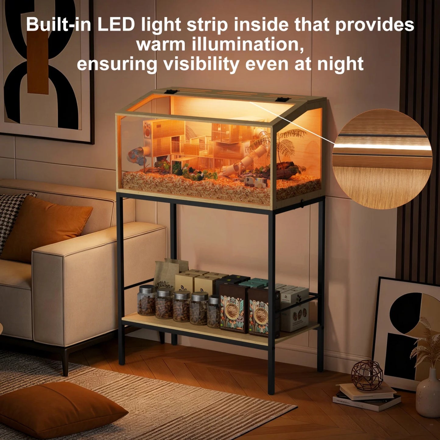Wooden Small Pet Cage With Tempered Glass Panels And Led Light