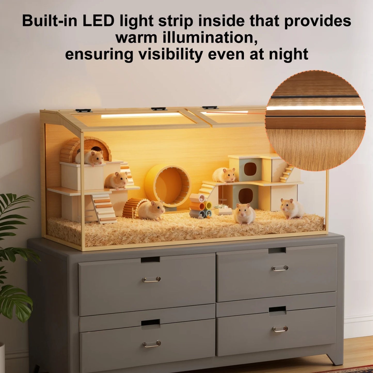 Natural Wooden Hamster Cage With Dual Door And Interior Light