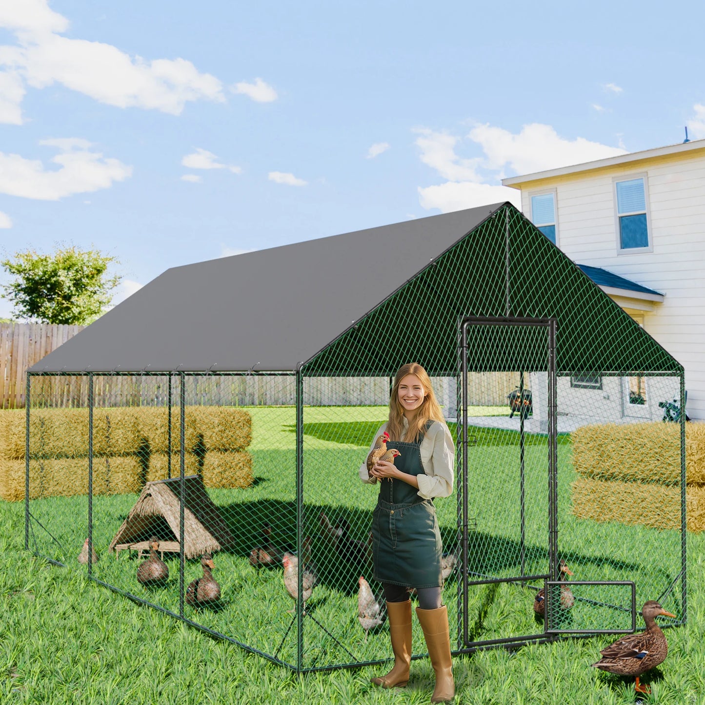 BINGOPAW Large Outdoor Metal Chicken Coop Walk In Poultry Run