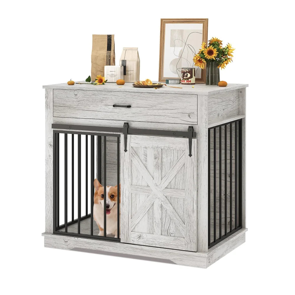 HiMISS Farmhouse 2 In 1 Iron Wood Dog Crate End Table