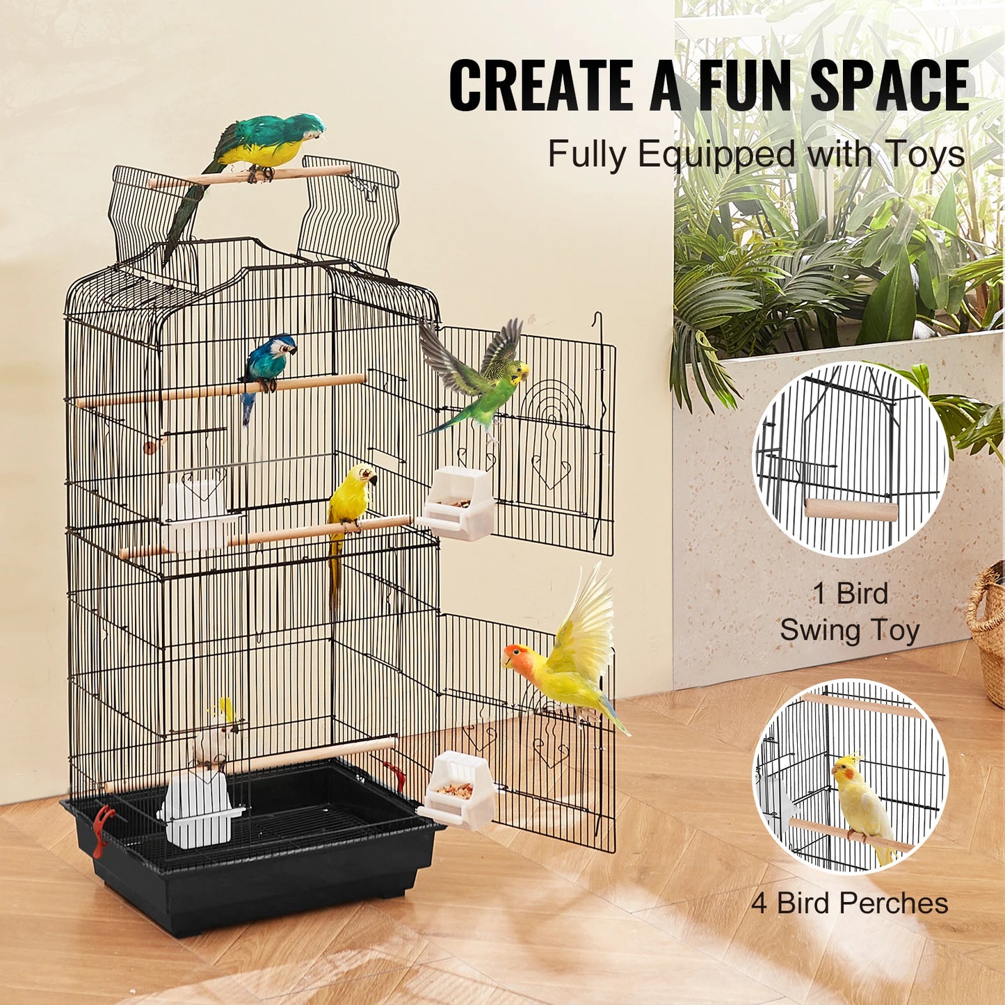 SucceBuy Open Top Hanging Bird Cage For Parrots With Swing