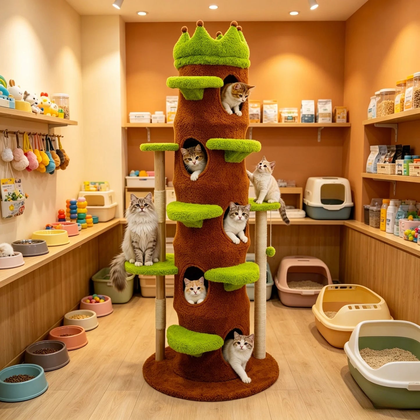 Wooden Cat Tree Tower With Crown Perch And Plush Steps