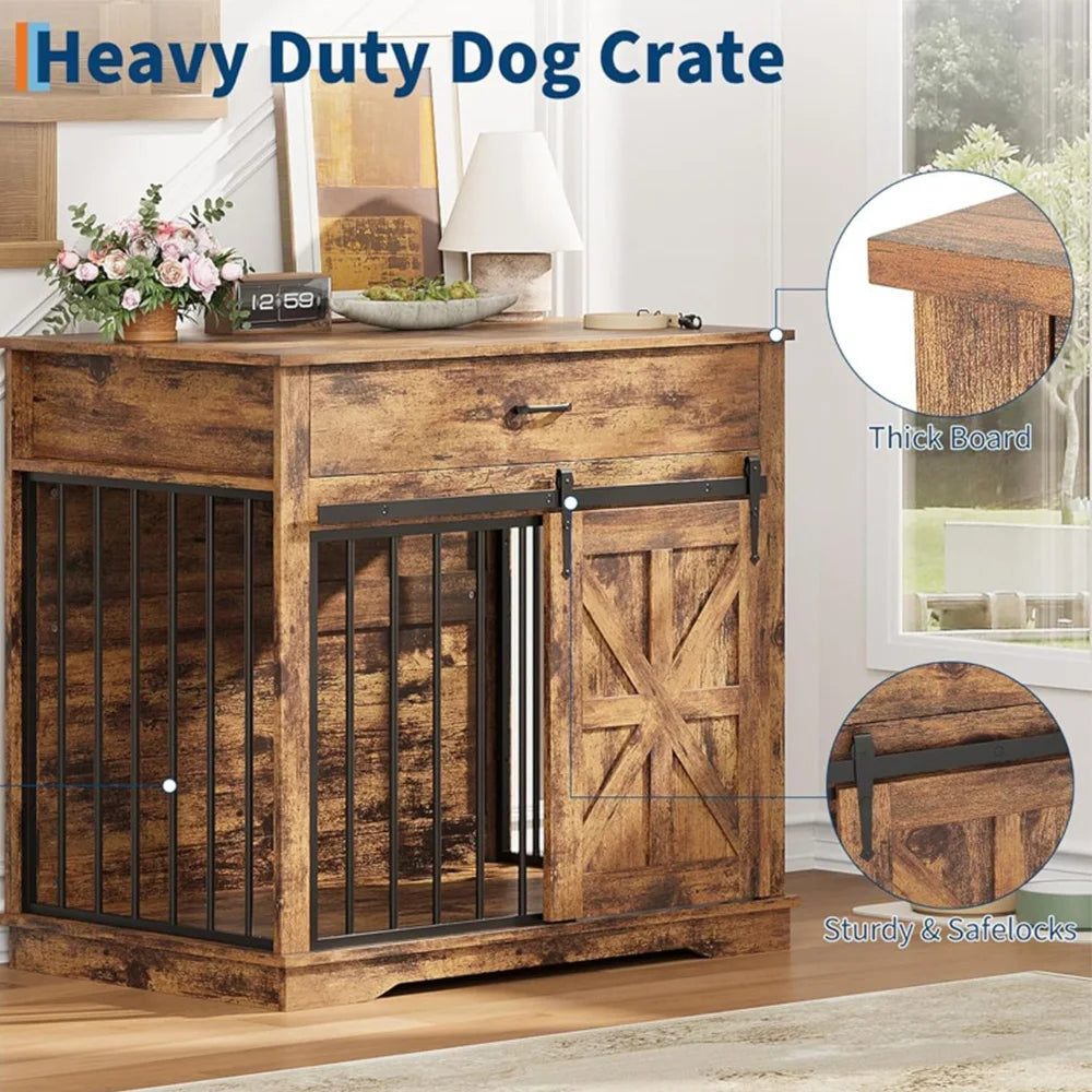 HiMISS Farmhouse 2 In 1 Iron Wood Dog Crate End Table