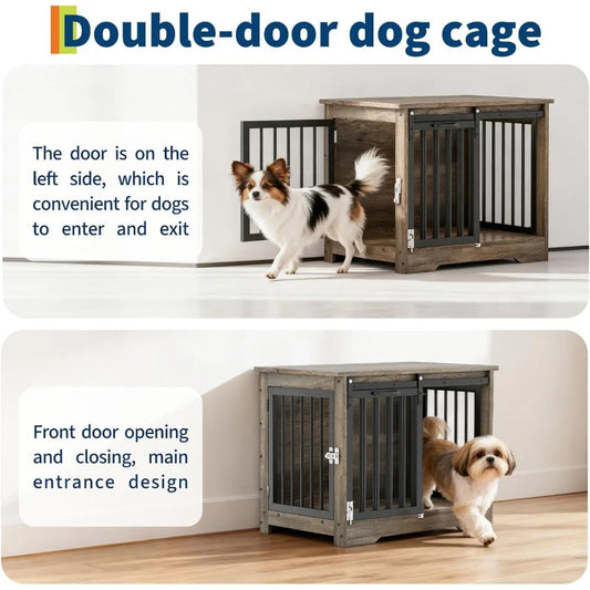 HiMISS Wooden Pet Cage Side Table Dog Crate Double Door