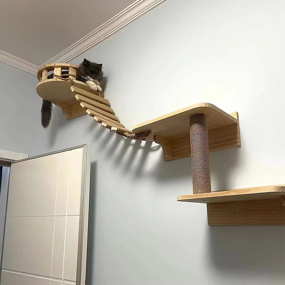 Wooden Sisal Cat Bridge Ladder Scratcher Platform And Toy Set