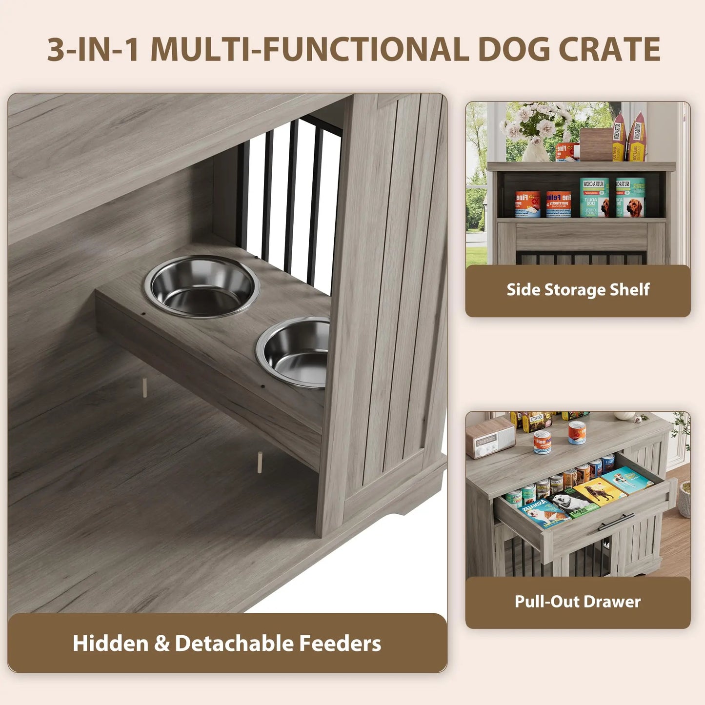 HiMISS Heavy Duty Wooden Dog Crate With Drawer Storage Feeding Station