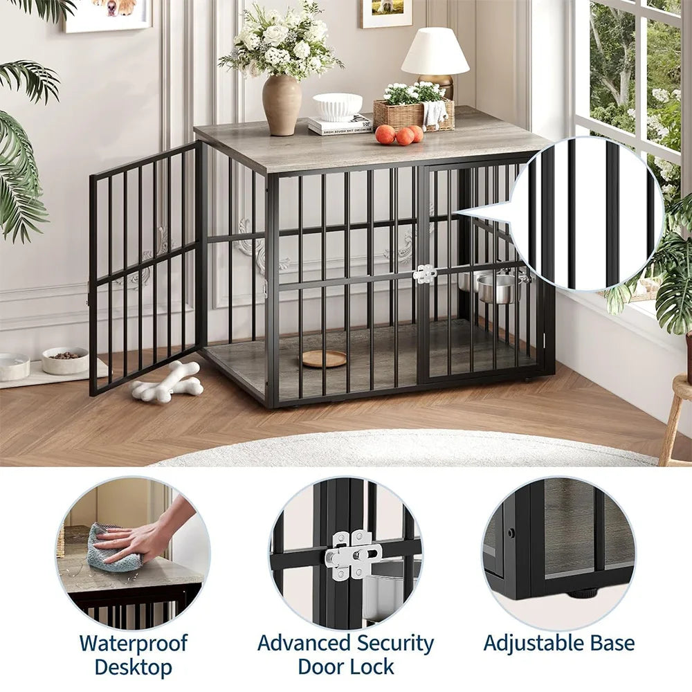 HiMISS Wooden Pet Cage Side Table Dog Crate Double Door