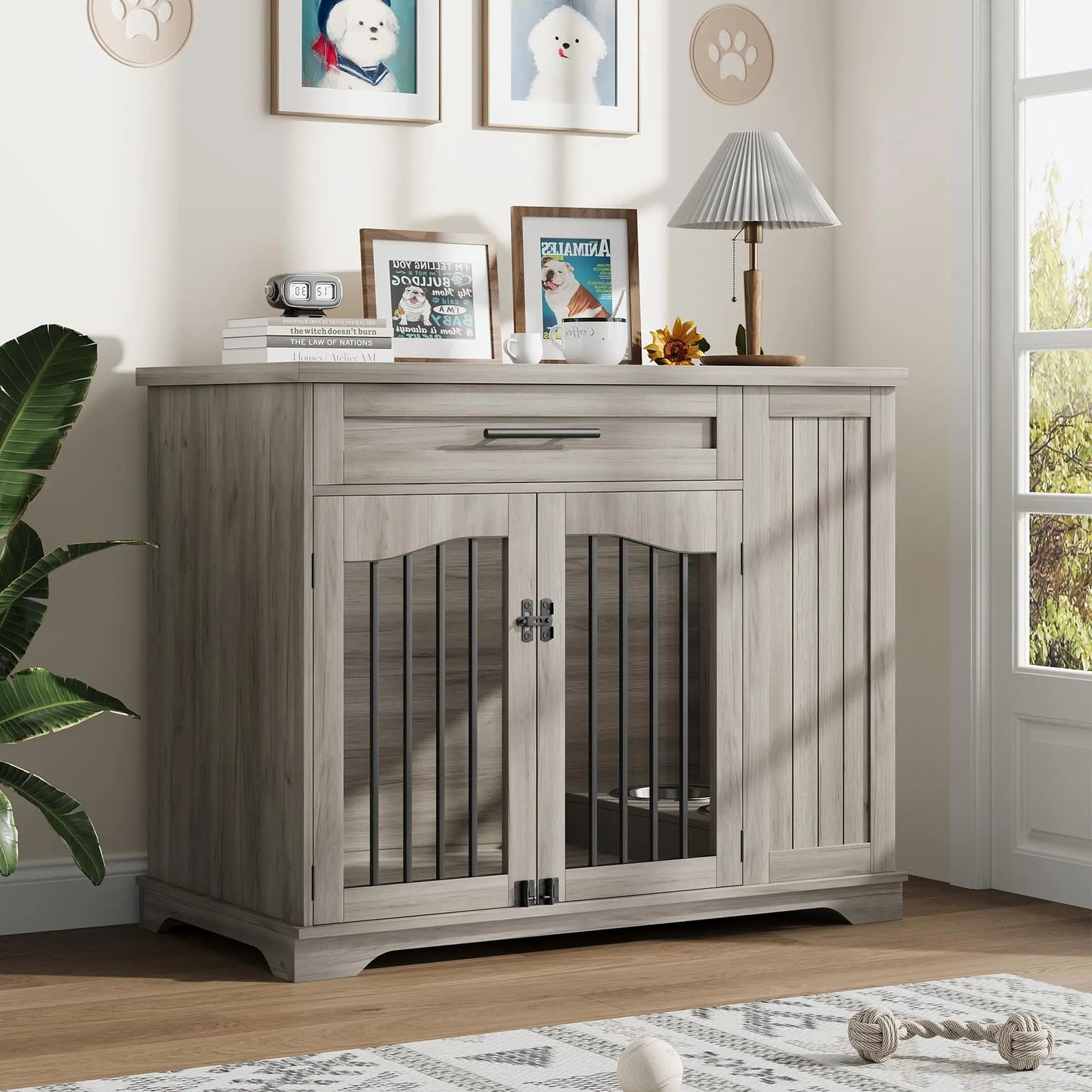 HiMISS Heavy Duty Wooden Dog Crate With Drawer Storage Feeding Station