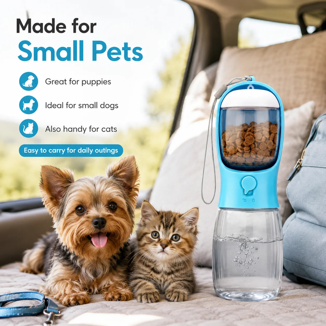 Portable Pet Water Bottle With Food Container Travel Dispenser