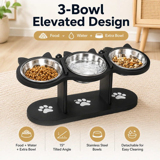 Tilted Elevated Cat Bowl Stand With Three Stainless Steel Bowls