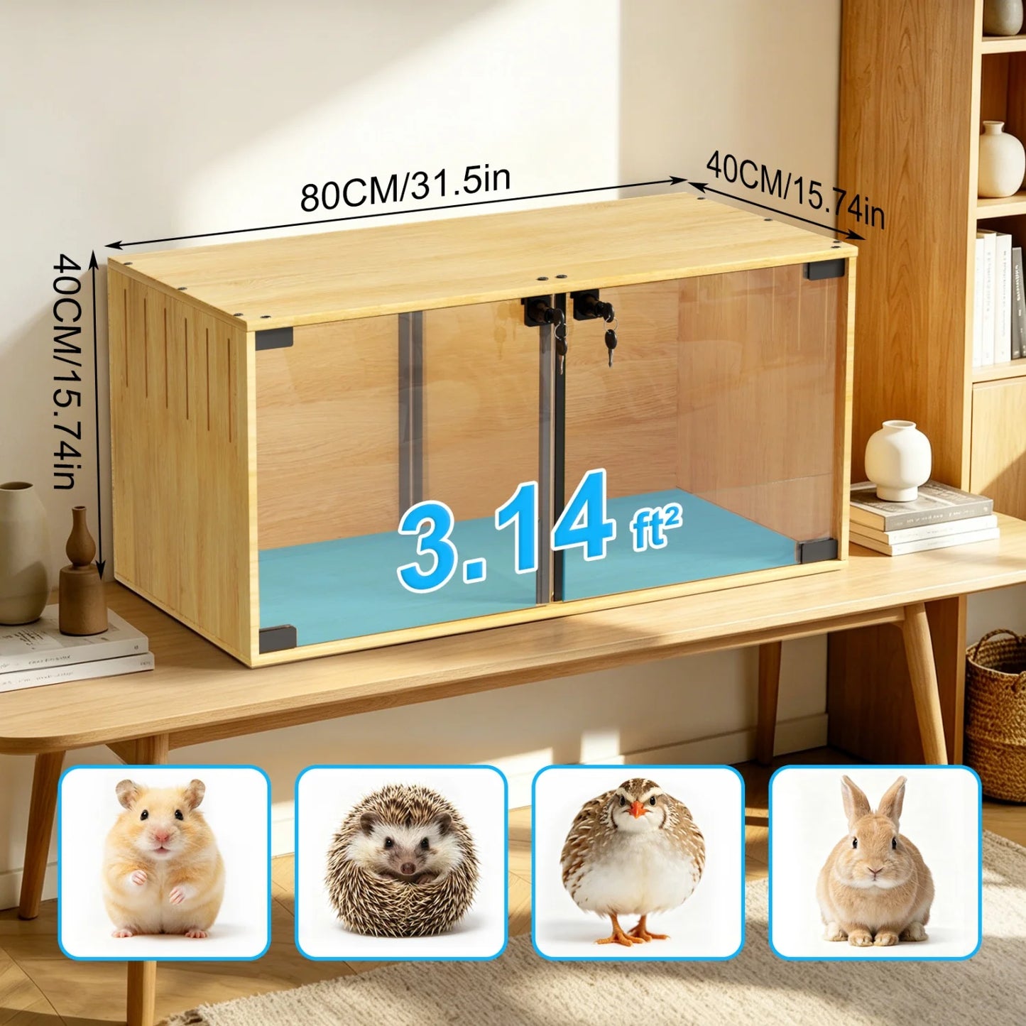 Wooden Small Animal Cage With Tempered Glass And Removable Divider