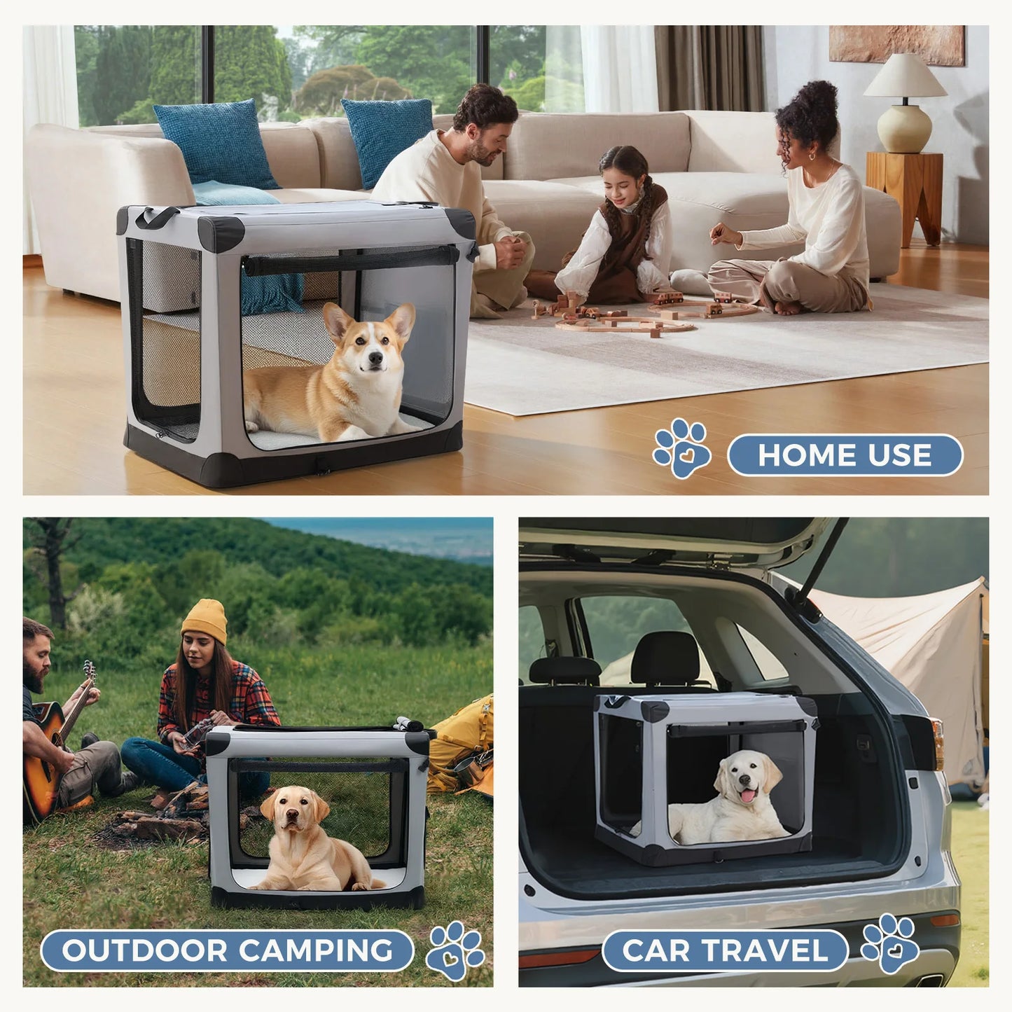 JHK Foldable Soft Dog Crate With 3 Doors Kennel Indoor