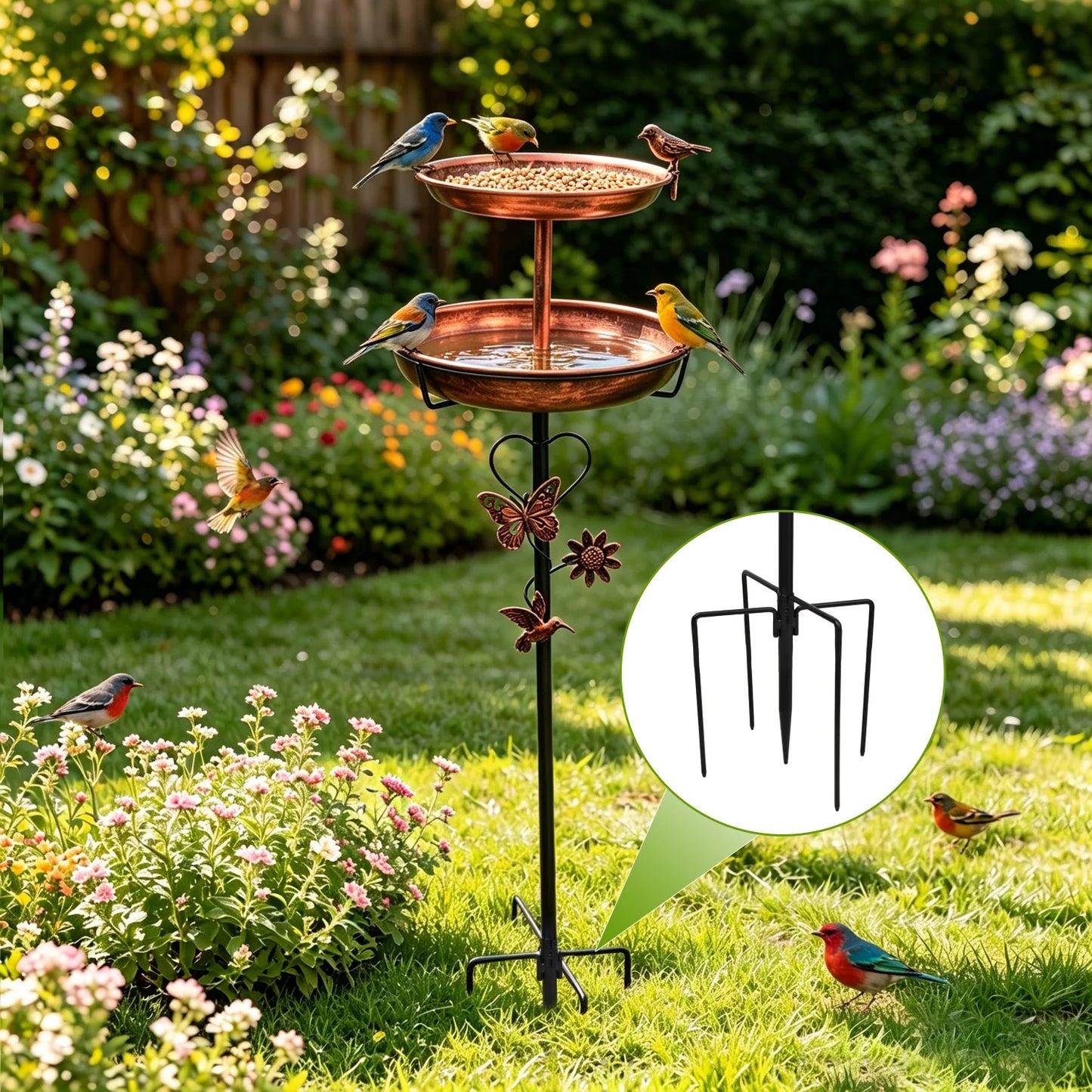 Copper Double Layer Bird Bath Stand For Outdoor Garden Decor