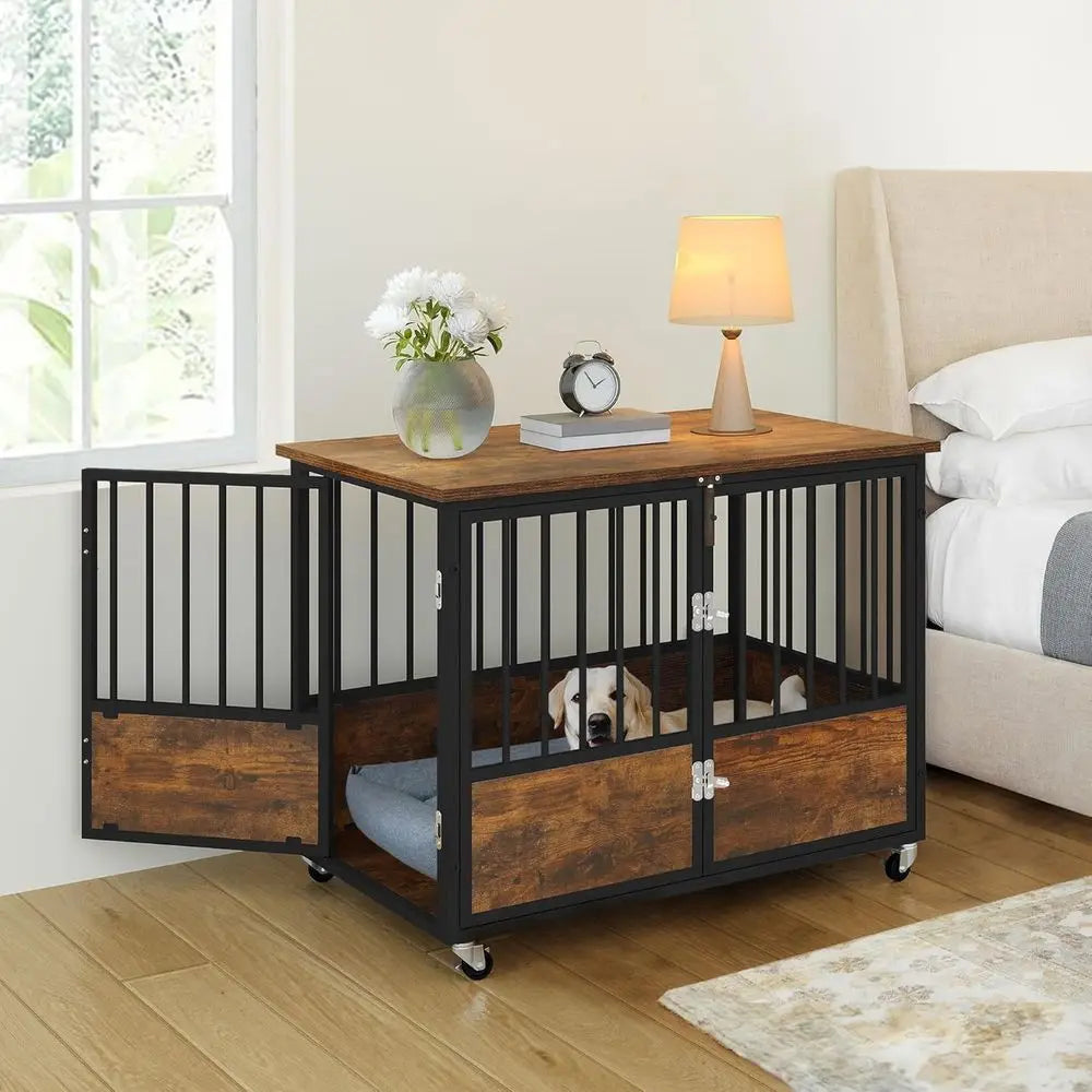 Sturdy Metal Dog Crate With Wheels End Table Indoor