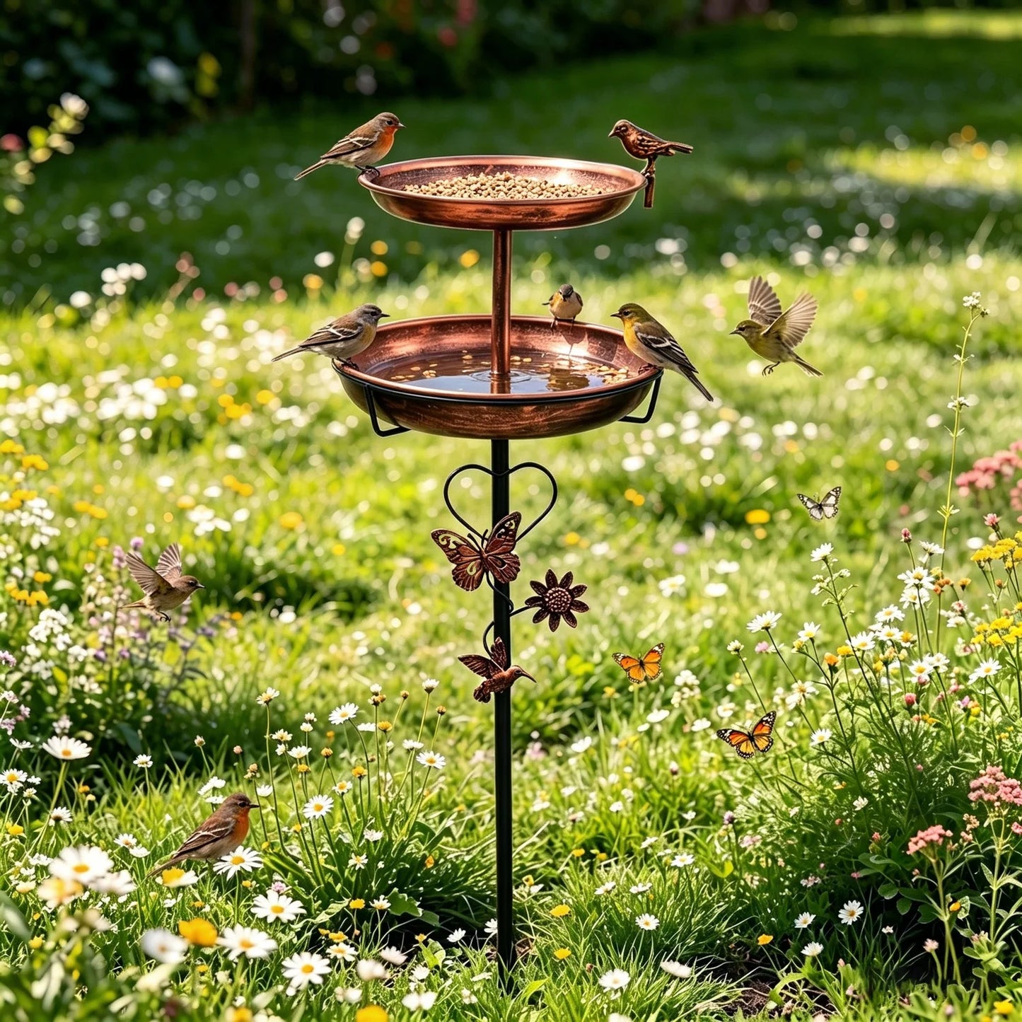 Copper Double Layer Bird Bath Stand For Outdoor Garden Decor