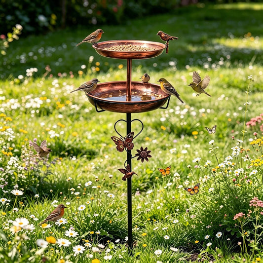 Copper Double Layer Bird Bath Stand For Outdoor Garden Decor