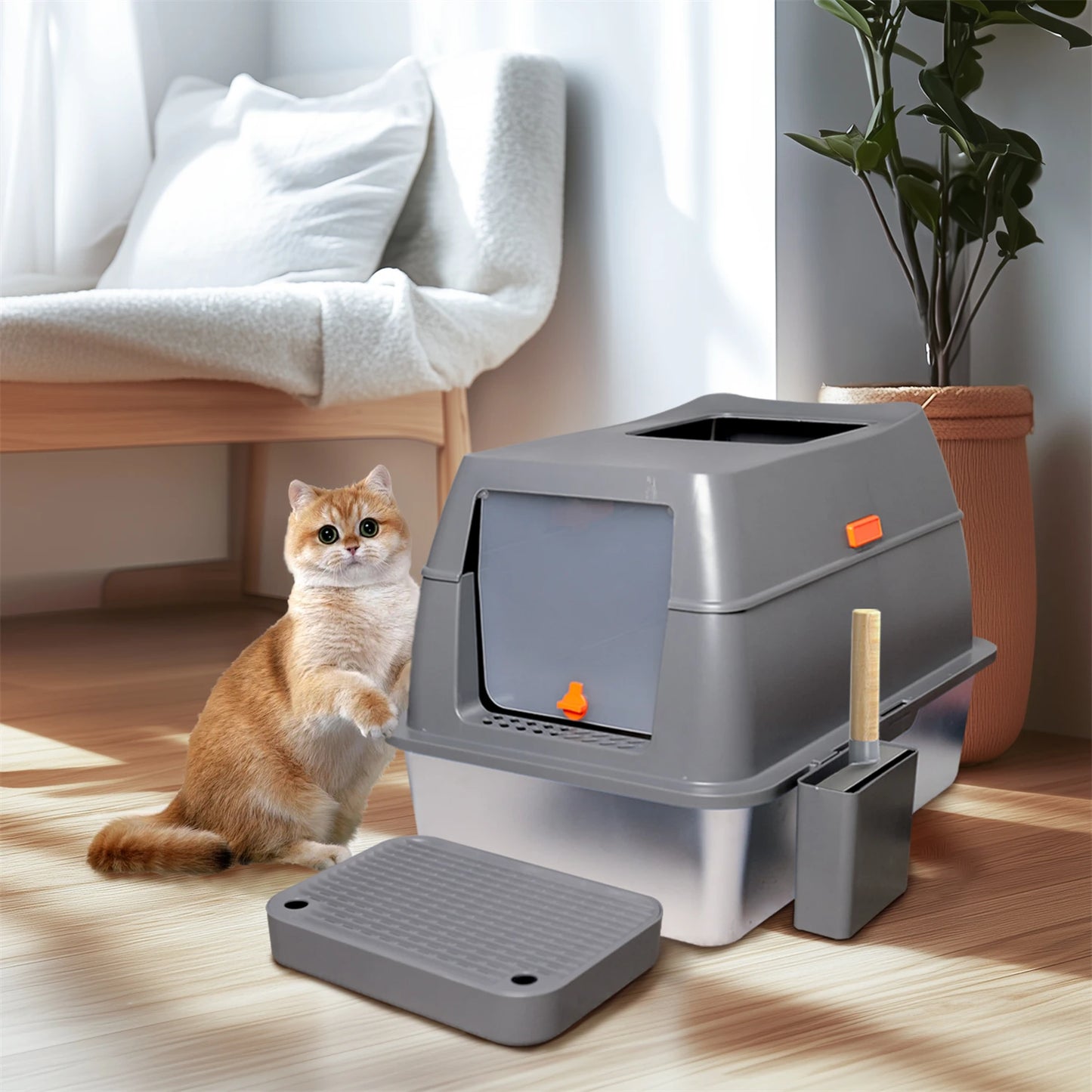 Enclosed Stainless Steel Cat Litter Box With Lid Odor Control