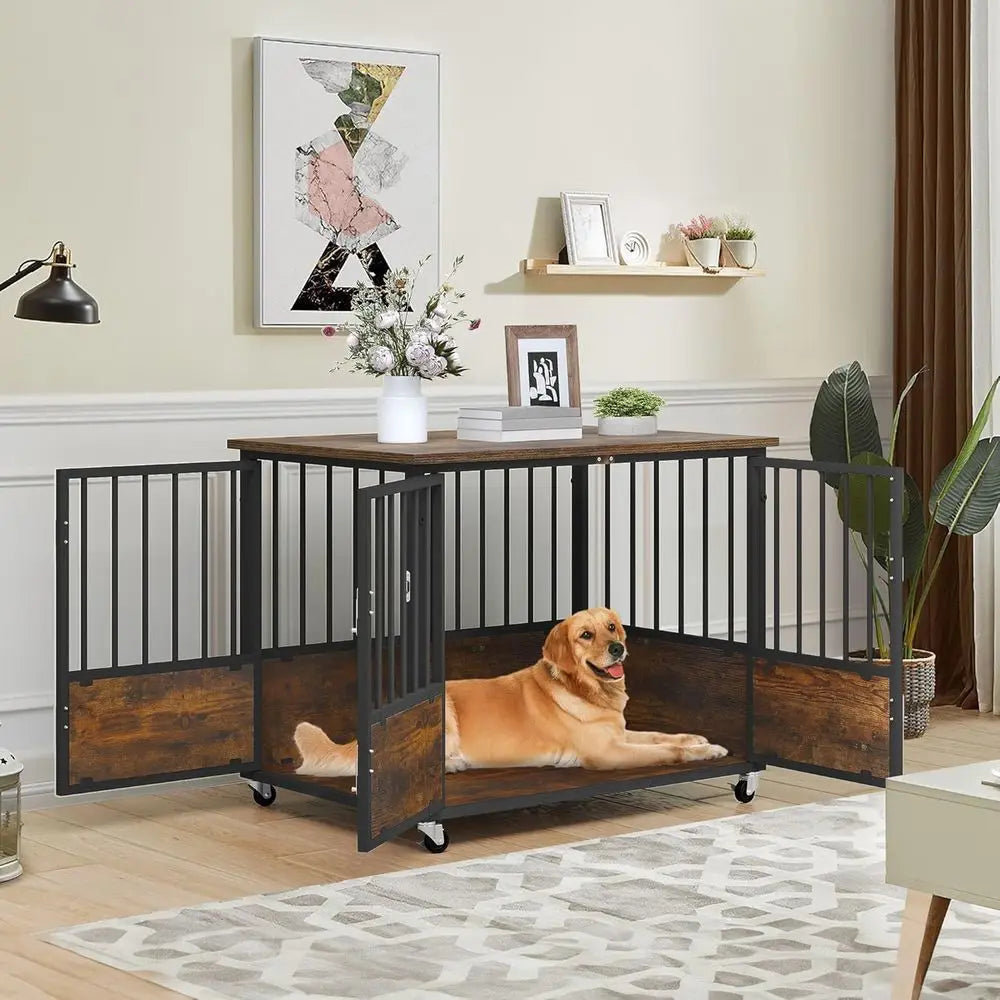 Sturdy Metal Dog Crate With Wheels End Table Indoor