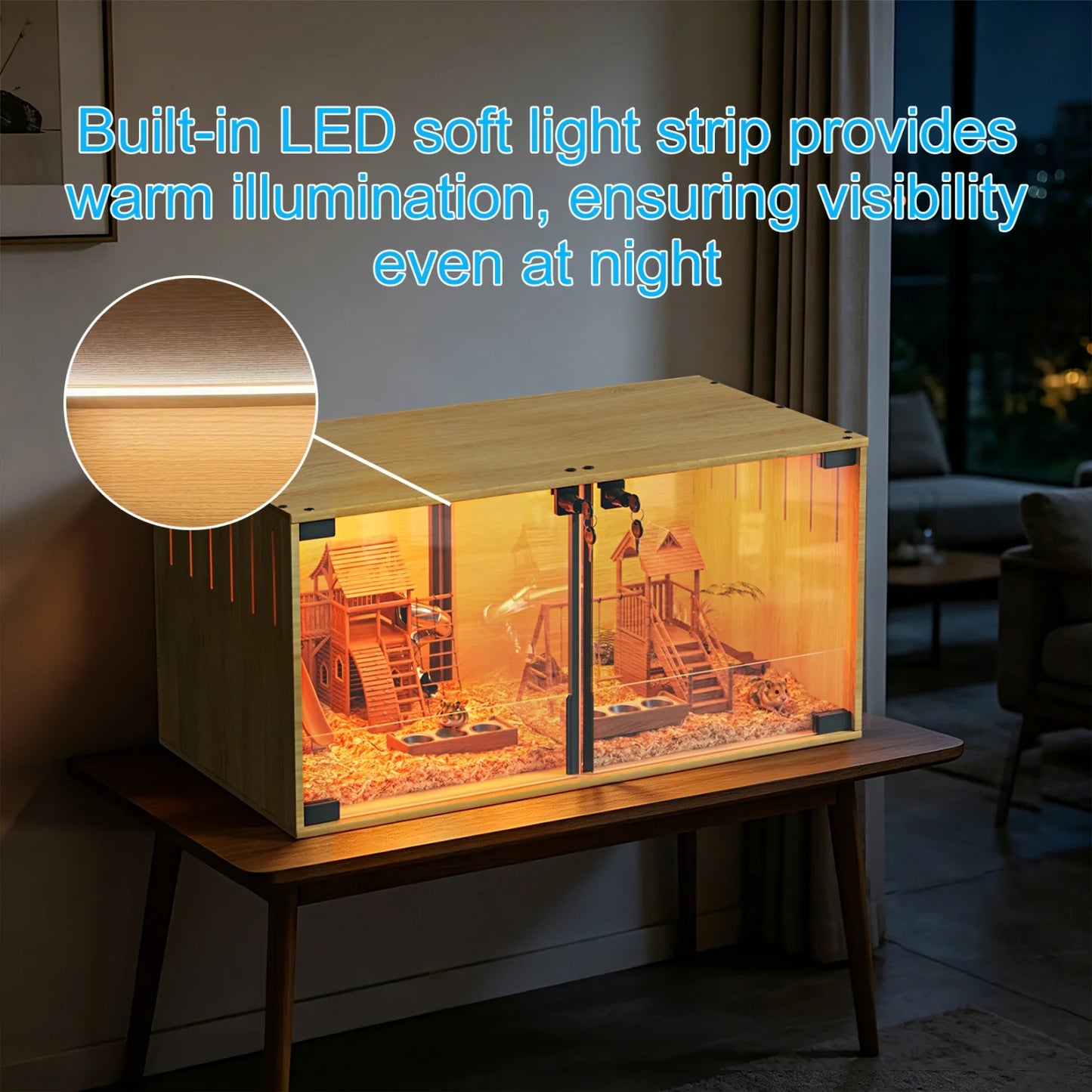 Wooden Small Animal Cage With Tempered Glass And Removable Divider