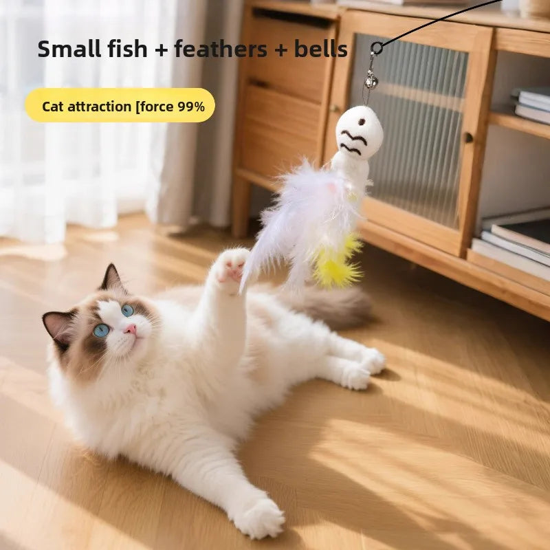 Cat Teaser Feather Wand Toy With Steel Wire Pole Kitten