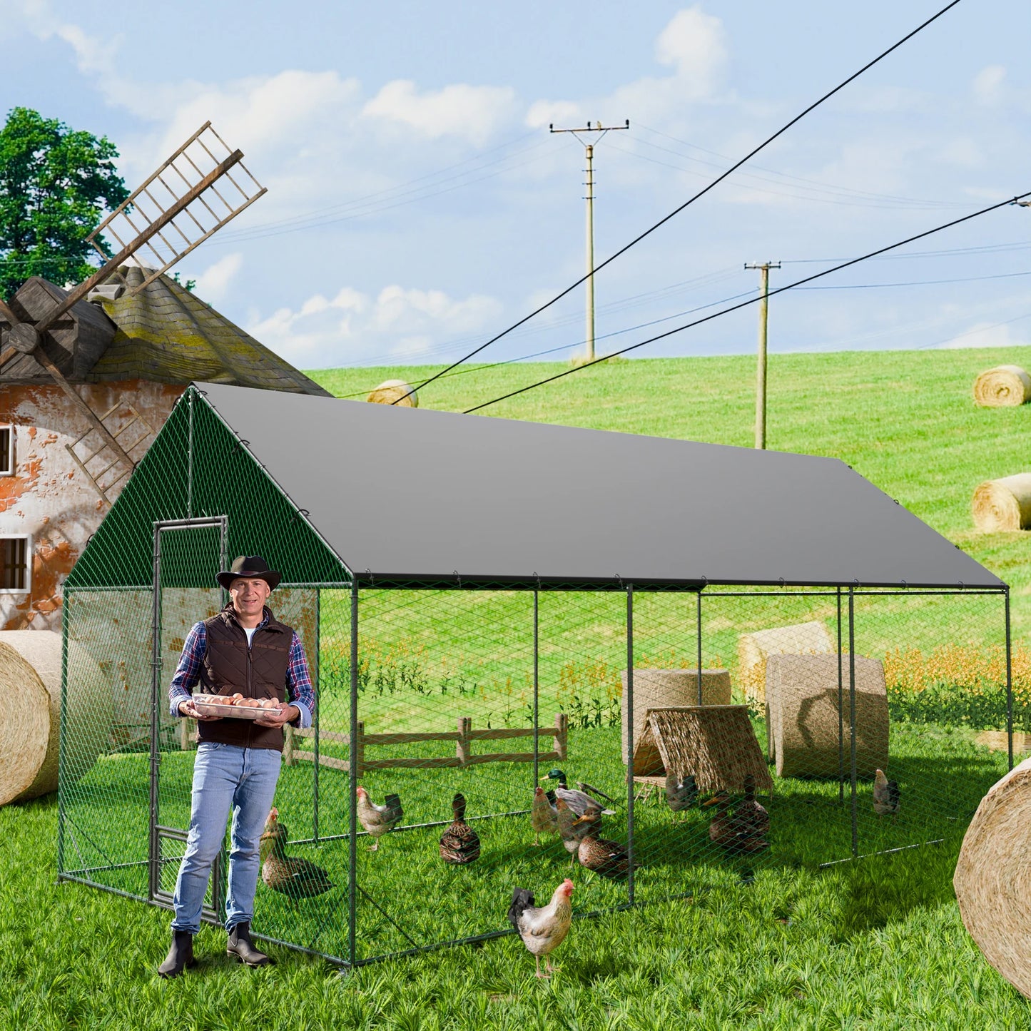 BINGOPAW Large Outdoor Metal Chicken Coop Walk In Poultry Run