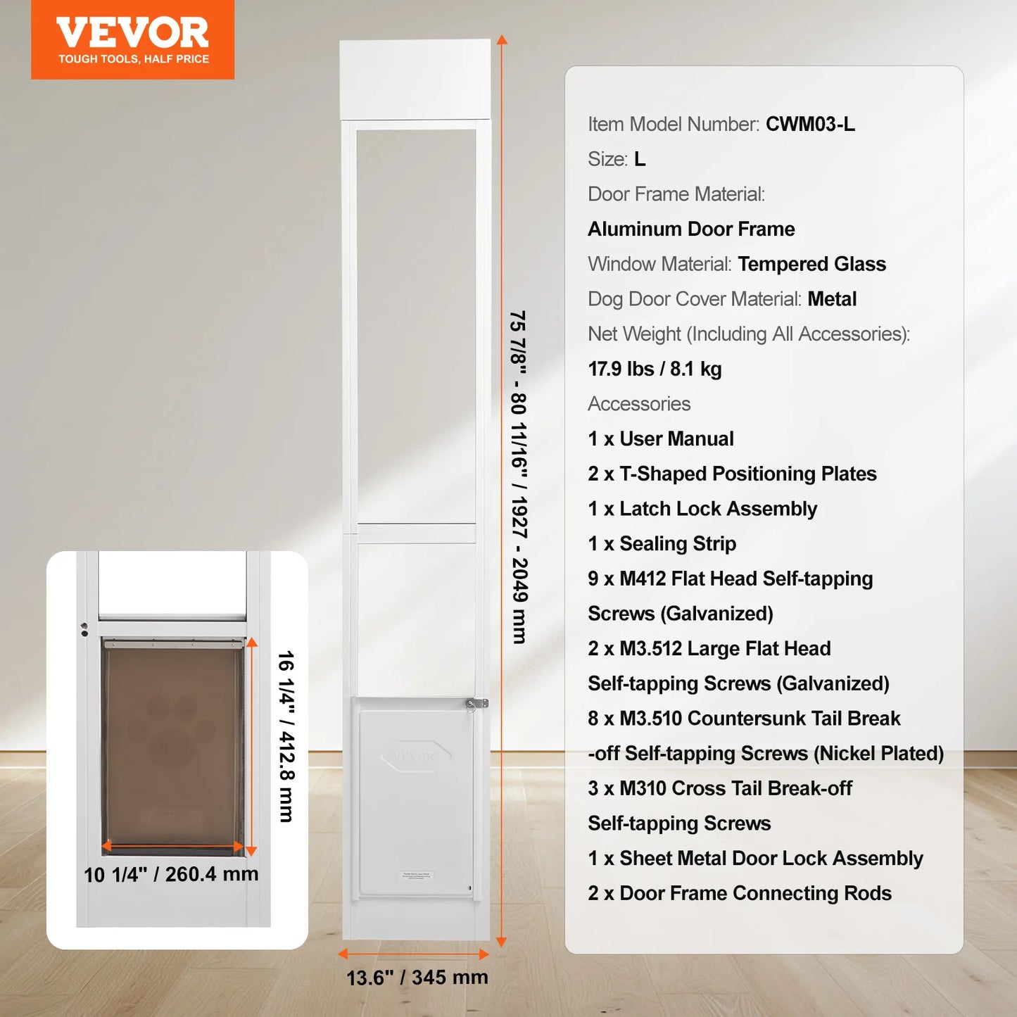 Adjustable Aluminum Sliding Glass Dog Door With Tempered Glass Panel