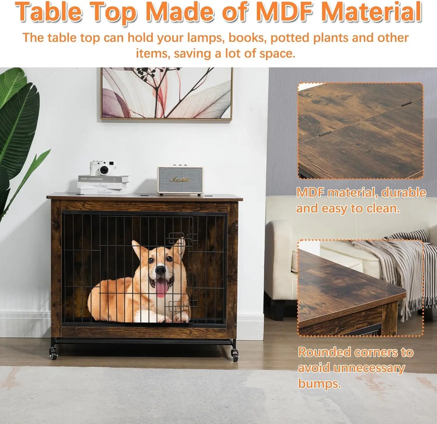 HiMISS Rustic Wood Metal Dog Crate End Table With Wheels