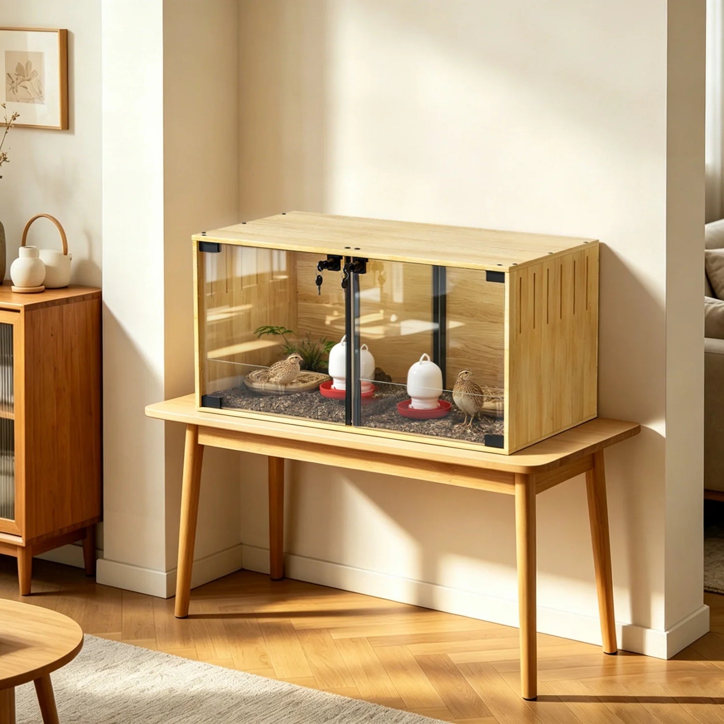 Wooden Small Animal Cage With Tempered Glass And Removable Divider