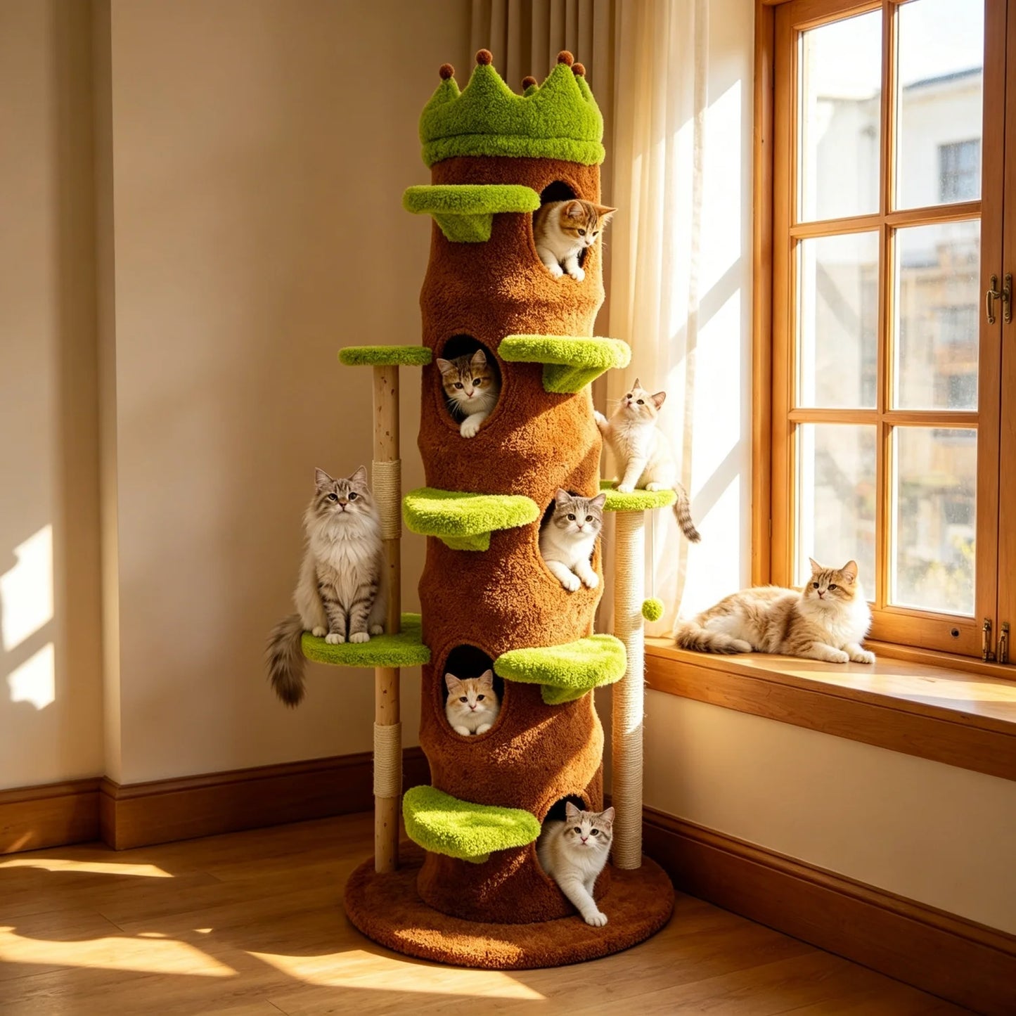 Wooden Cat Tree Tower With Crown Perch And Plush Steps