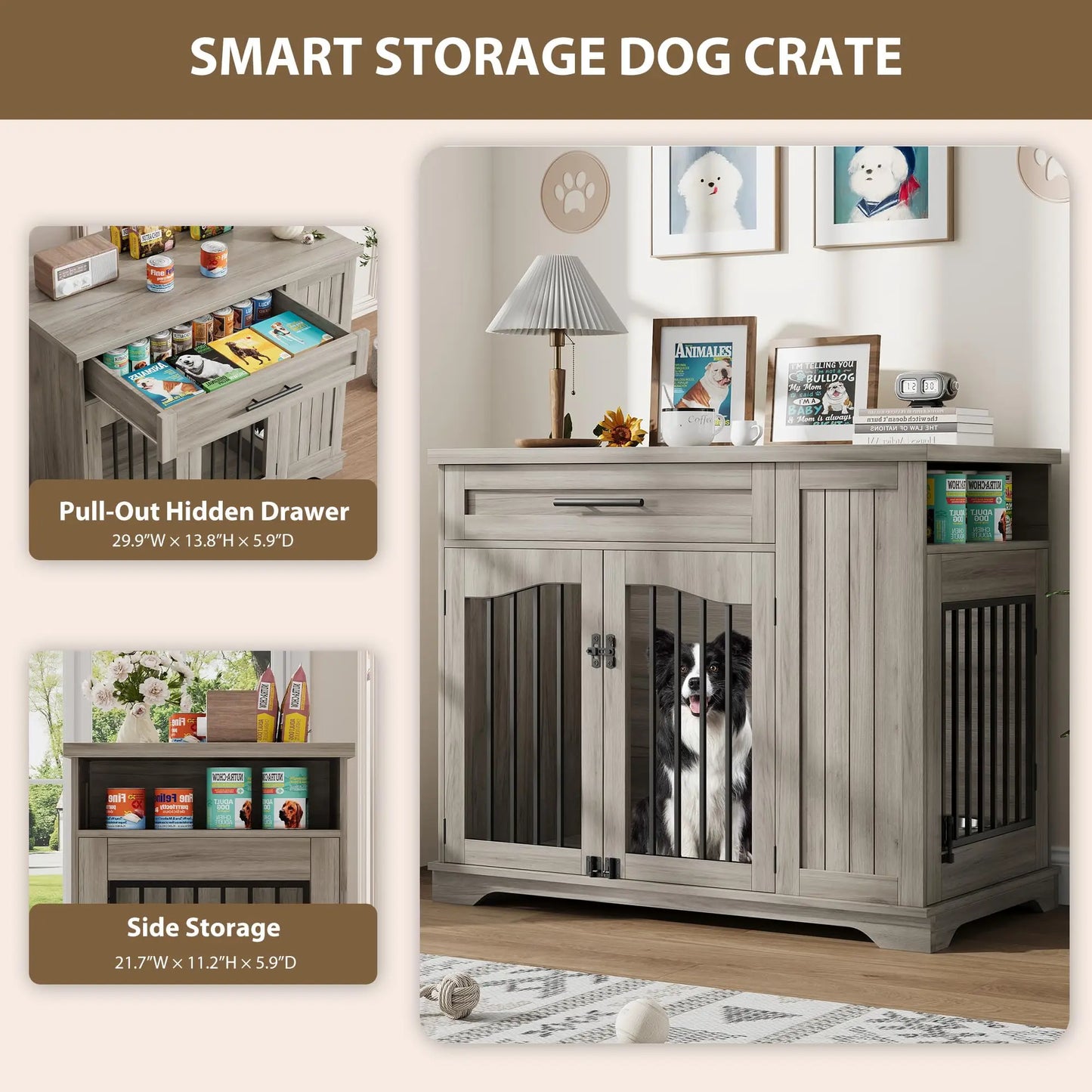 HiMISS Heavy Duty Wooden Dog Crate With Drawer Storage Feeding Station