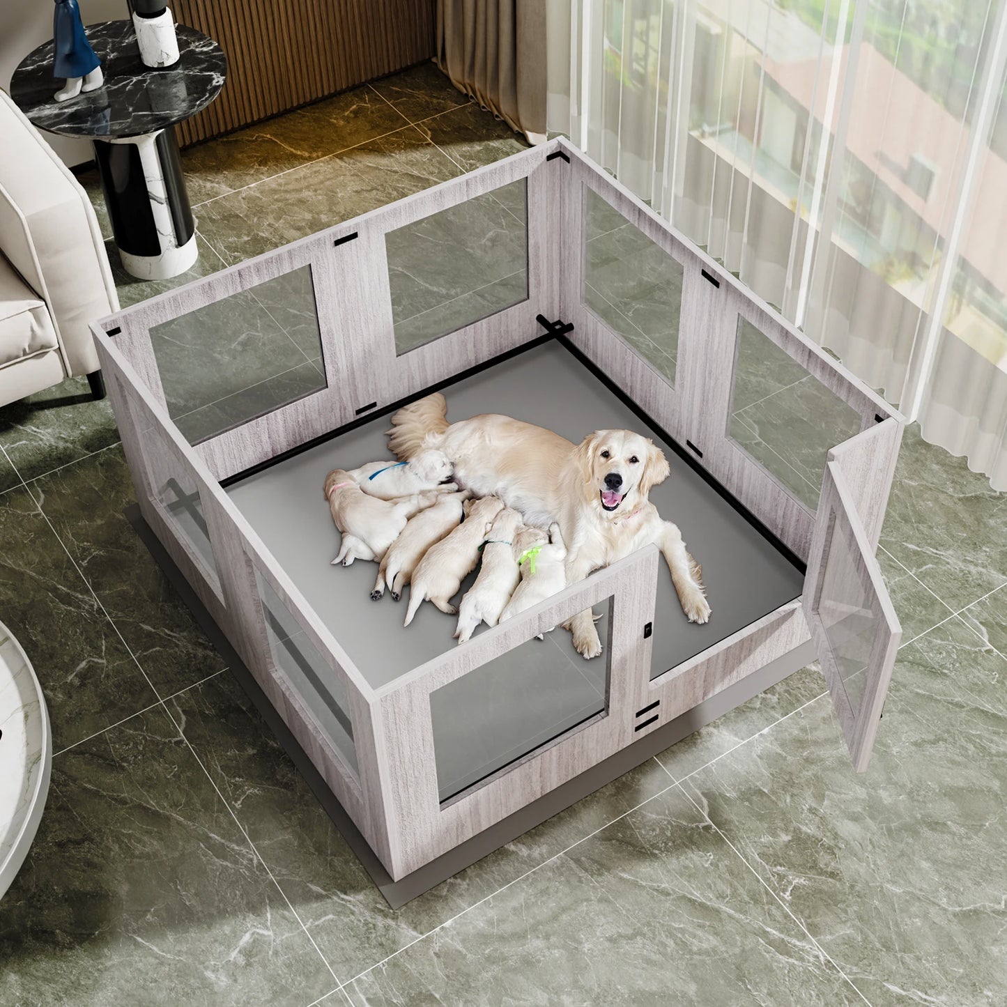 BINGOPAW Tempered Glass Dog Playpen With 8 Panels Waterproof Pad
