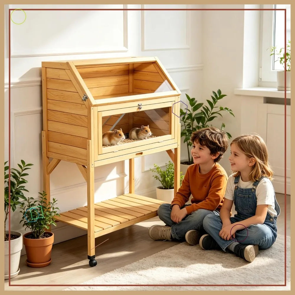 2 Story Wooden Hamster Cage On Wheels With Leakproof Tray