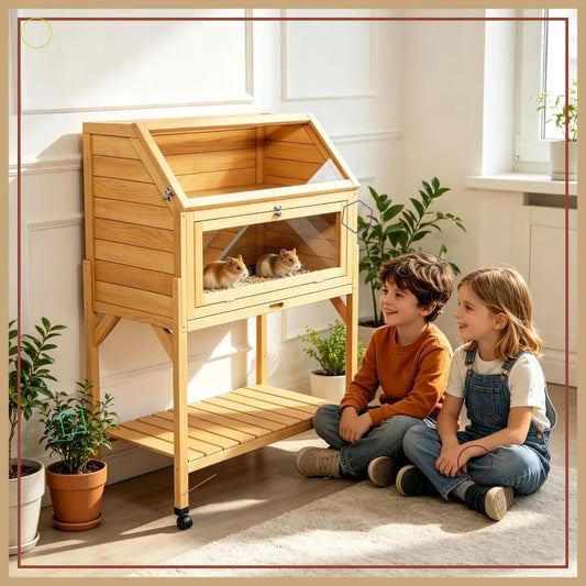 2 Story Wooden Hamster Cage On Wheels With Leakproof Tray