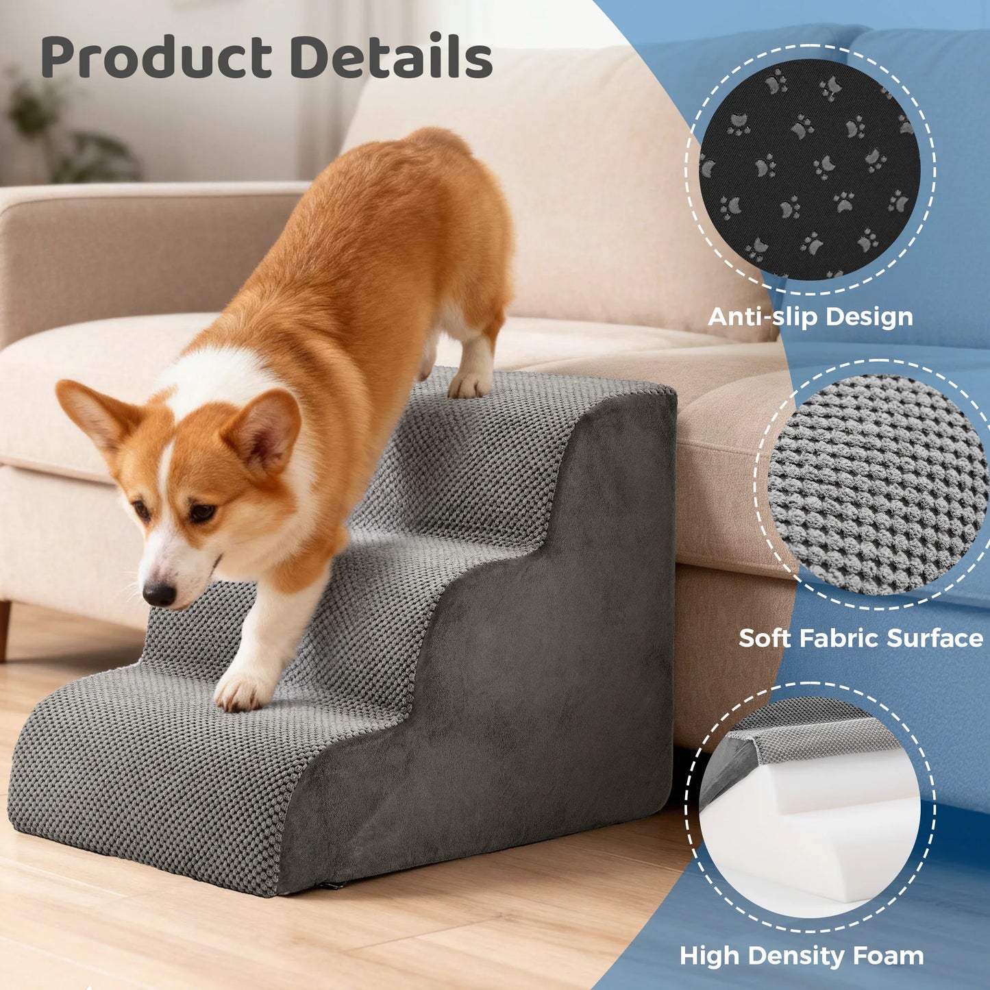 Curved Three To Five Step High Density Foam Dog Stairs